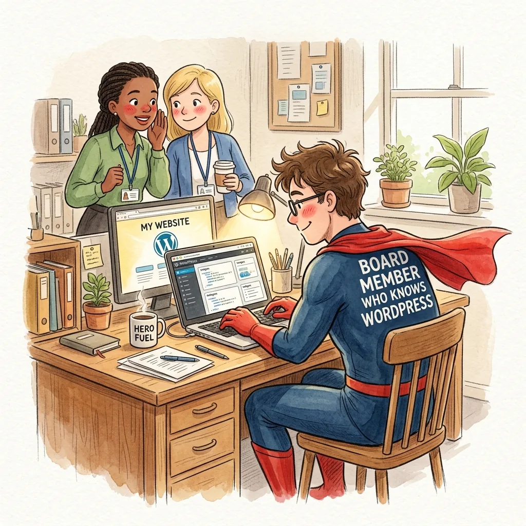An executive director sits across a desk from a cape-wearing board member labeled 'BOARD MEMBER WHO KNOWS WORDPRESS'