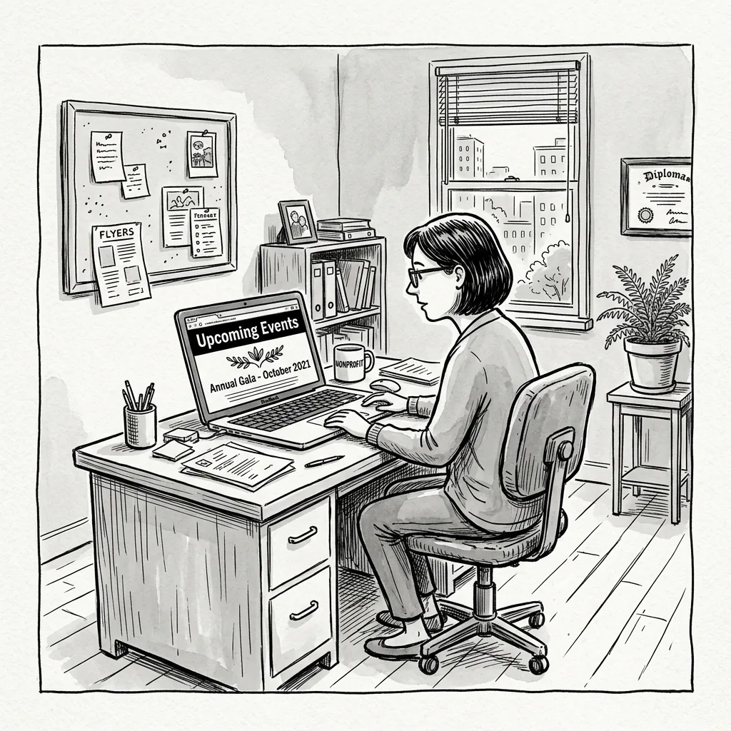 A nonprofit worker stares at a laptop screen showing an upcoming events page from 2021