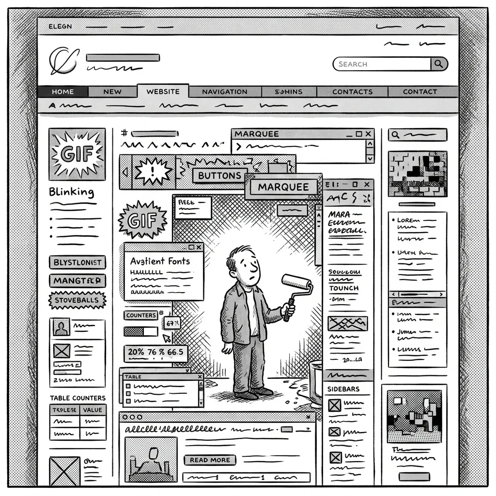 A website mockup with a mismatching header and body design. A small figure stands between them looking confused with a paint roller