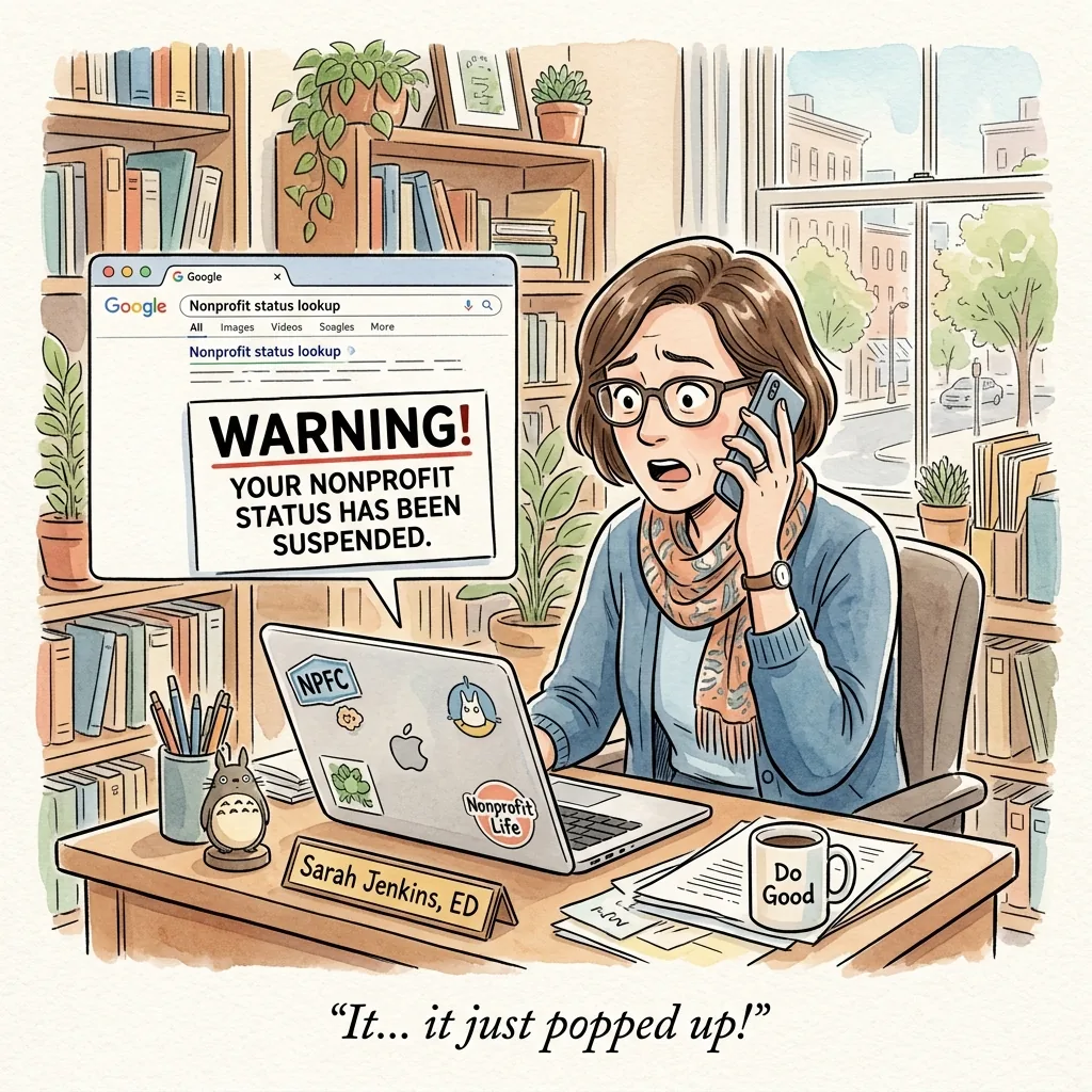 A nonprofit executive director looking shocked at her laptop showing a red search alert warning