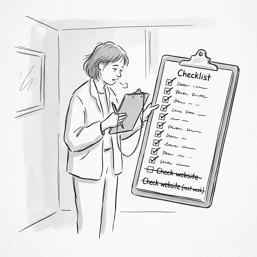 A person holding a clipboard checklist with Check website crossed out and deferred repeatedly