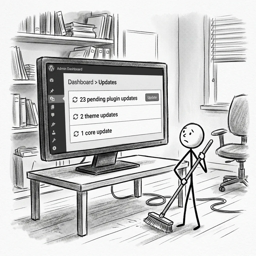 A WordPress updates screen showing many pending updates with a small figure holding a broom