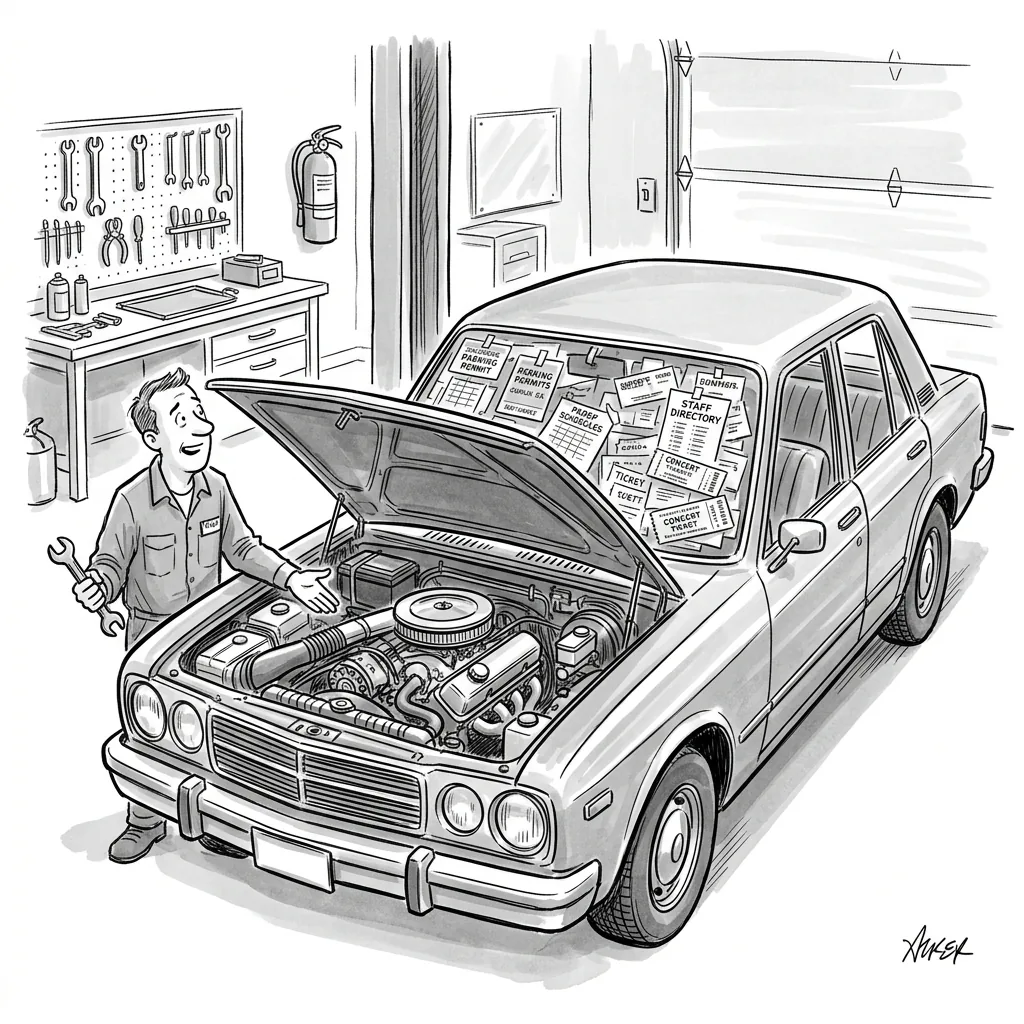 A clean car engine in a garage, but the windshield is completely covered in outdated schedules and permits