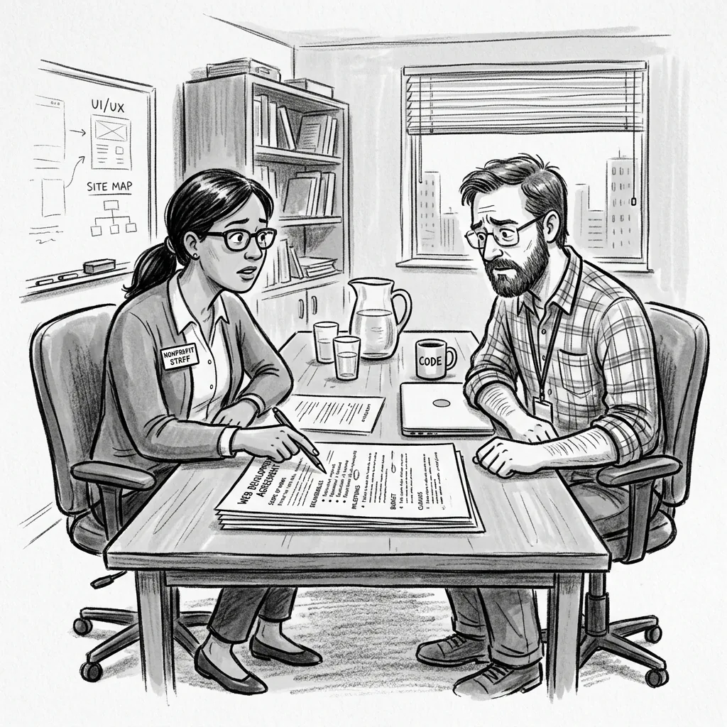 A nonprofit staffer and web developer sit at a table pointing to a contract line item