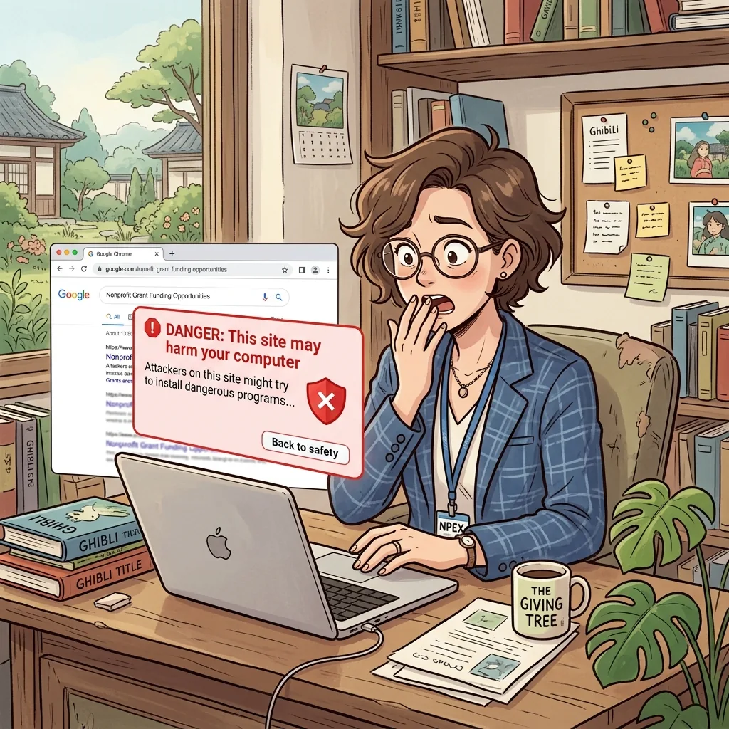 A nonprofit executive director looking shocked at her laptop showing a red search alert warning